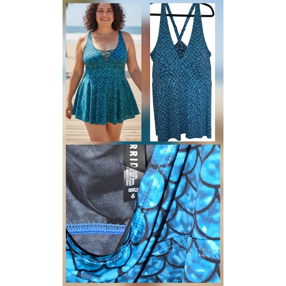 Torrid swim Only Top dress size 6 mermaid print wireless blue Side Support